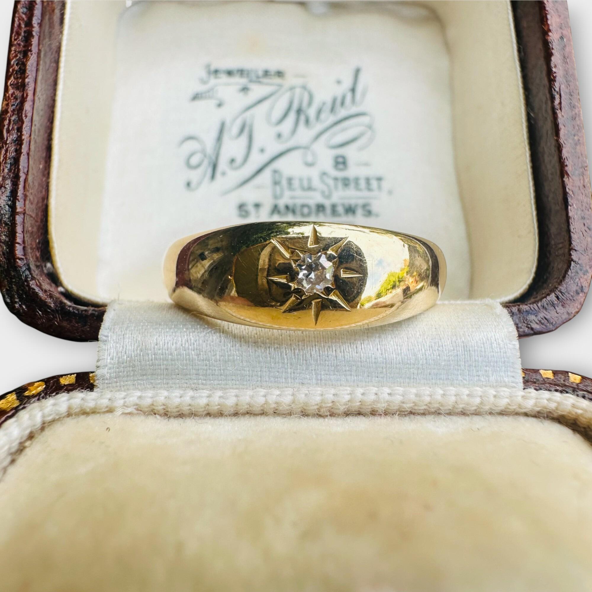 Antique Victorian 18k Gold Diamond Star-Set Gypsy Ring, displayed in antique box