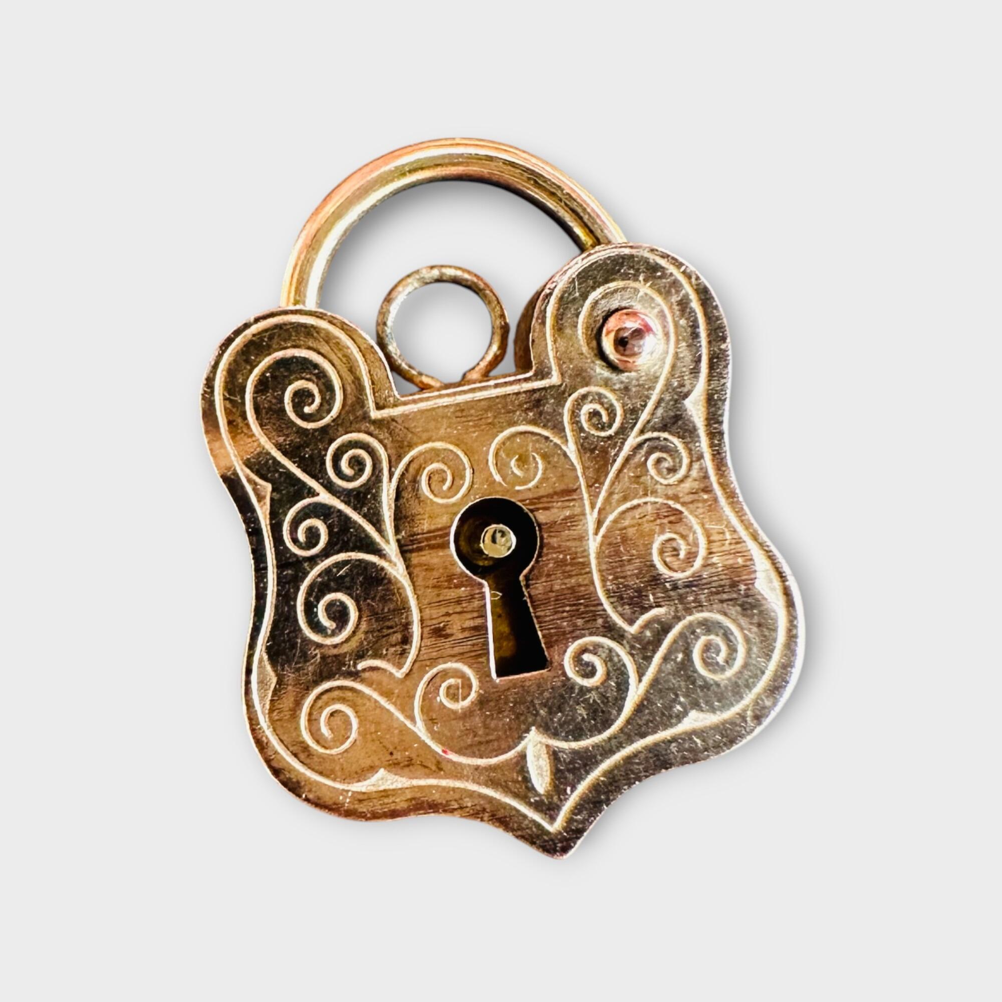 Rare, Romantic Antique 9k Rose Gold Shield Padlock Clasp, grey background.
