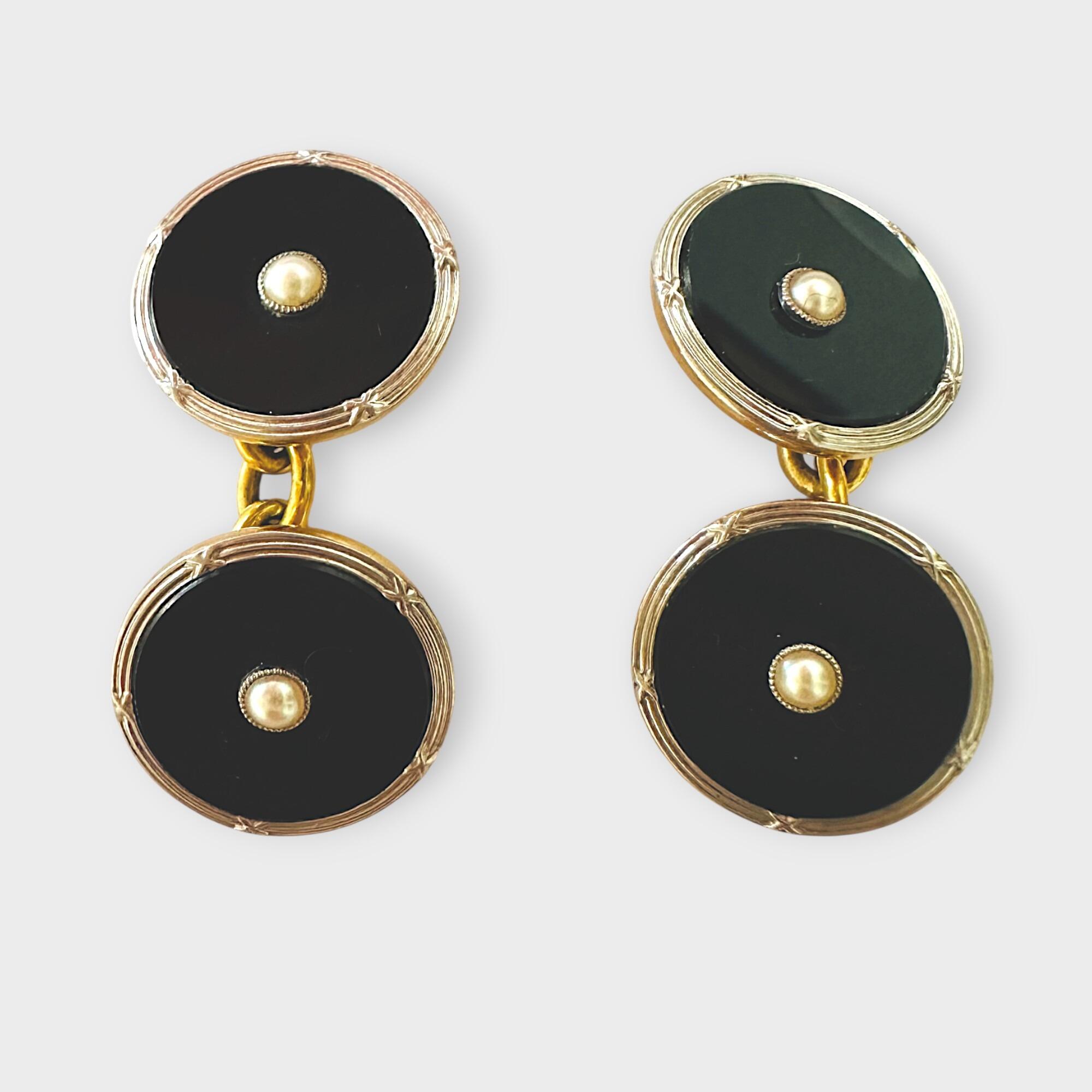 Art Deco 18ct Gold & Platinum Black Onyx and Pearl Cufflinks, grey background.