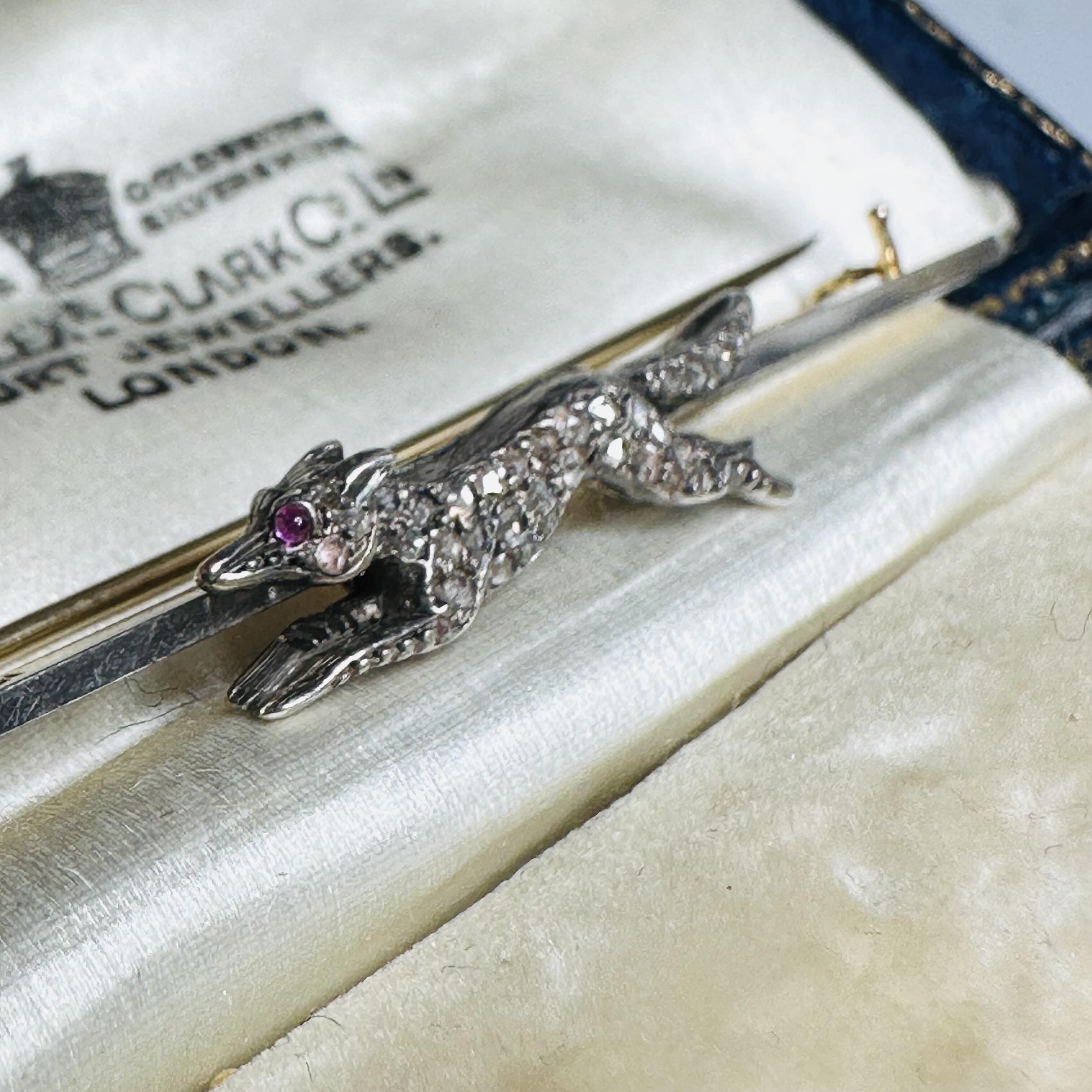 side view, Edwardian Diamond Set Running Fox Brooch in original box