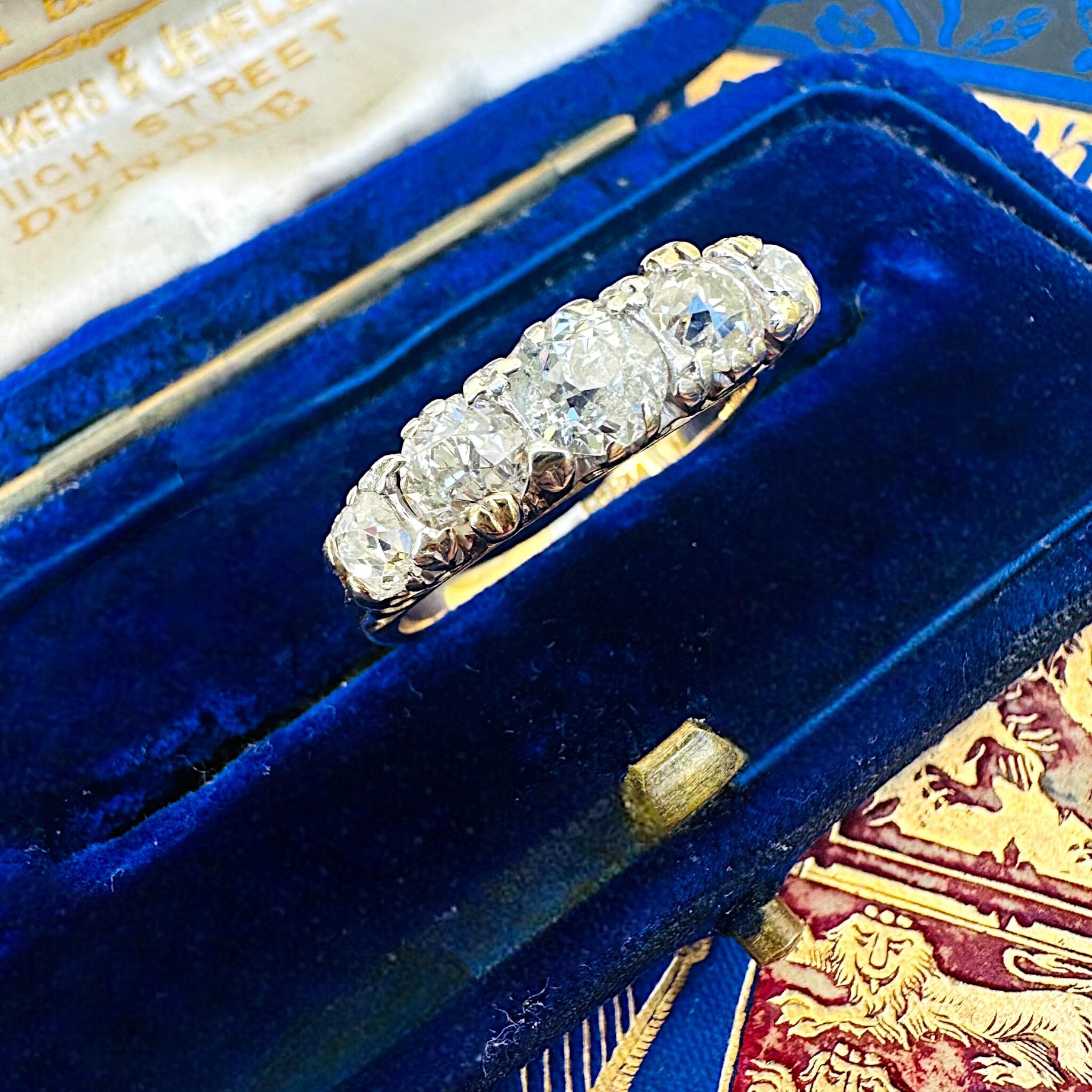 side view, Victorian old-cut Diamond 1.86ct carved hoop ring displayed in antique box