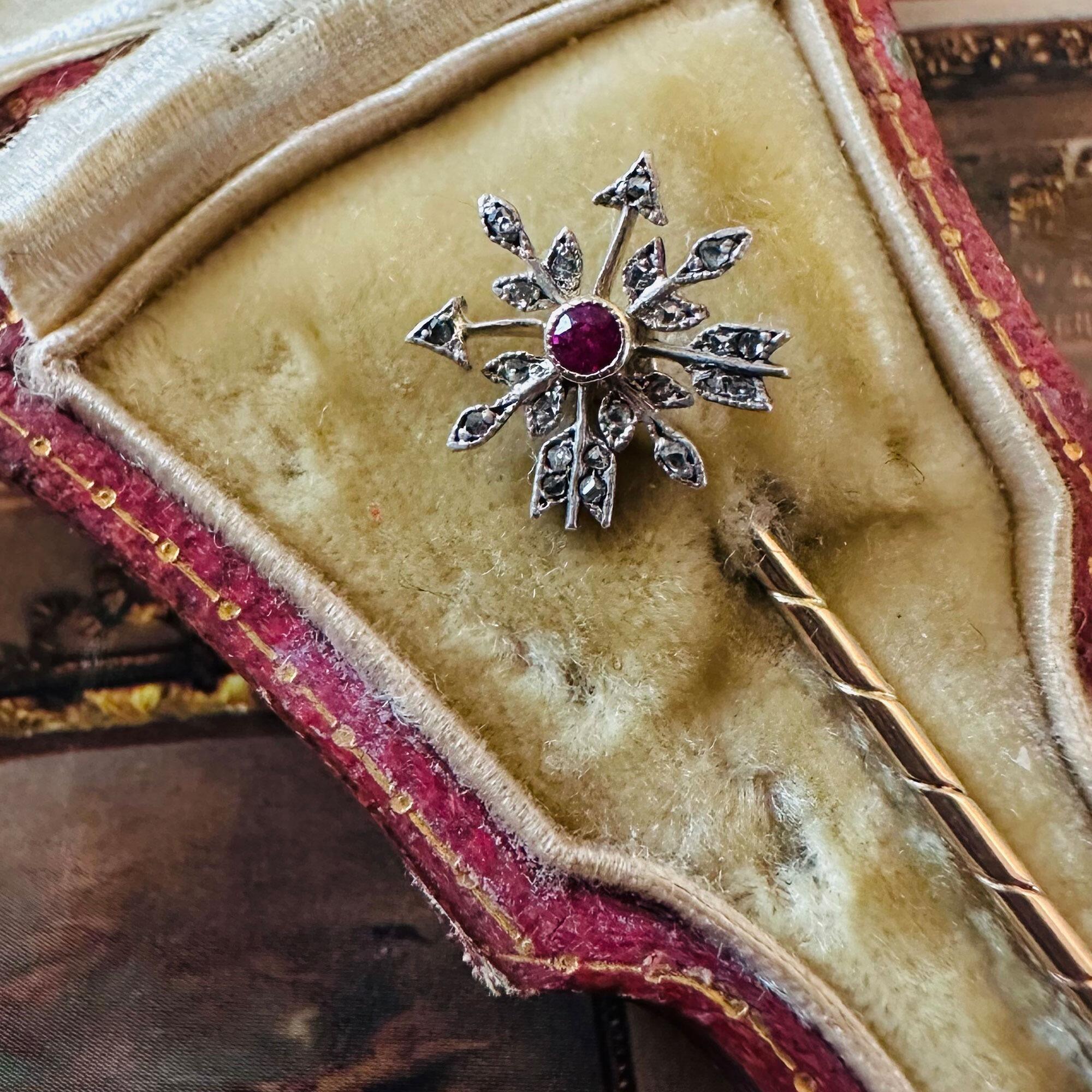 Rare Gold Ruby & Diamond Arrow Stick Pin in antique S J Phillips, Bond Street London box