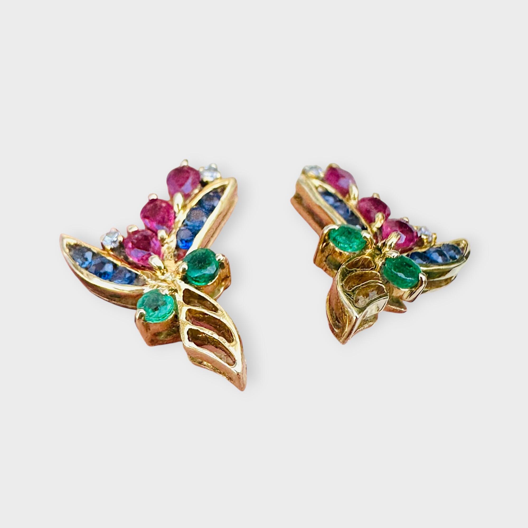 18K Yellow Gold Floral Sprig Earrings with Sapphires, Rubies, Emeralds & Diamonds, grey background.