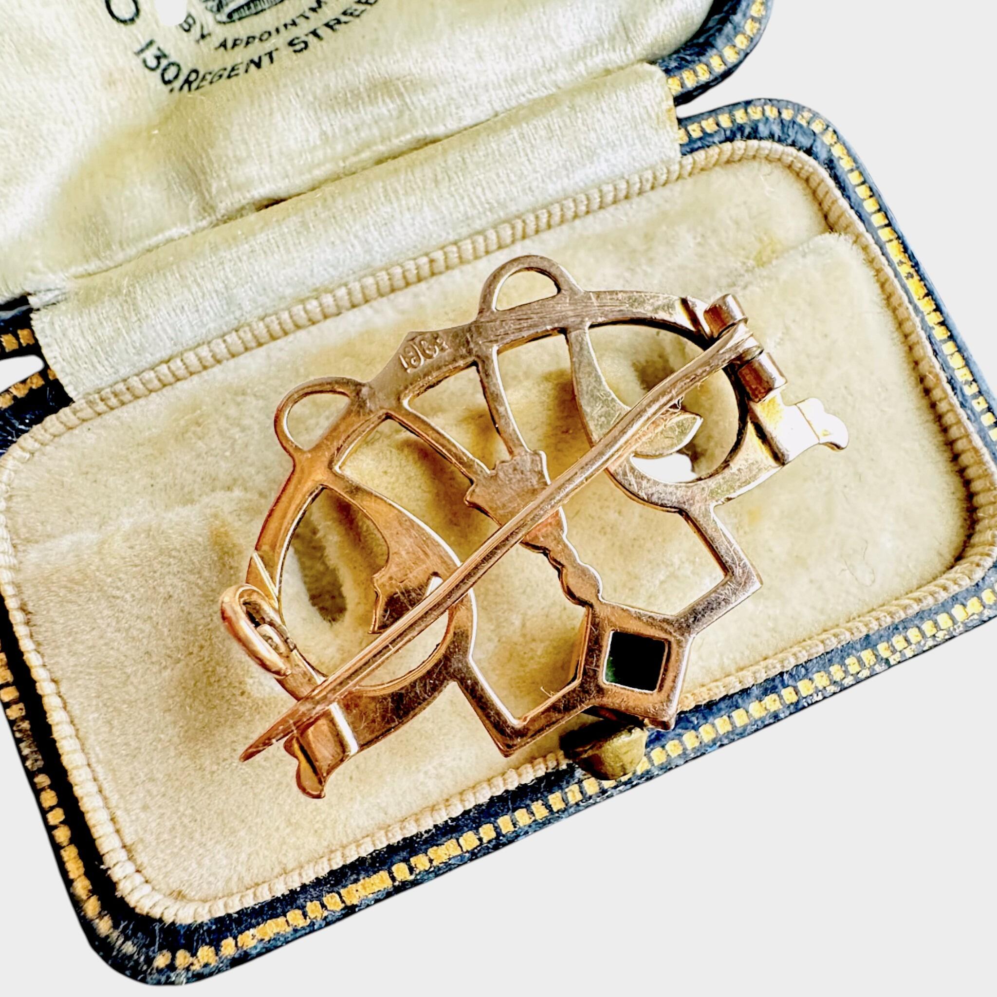 rear view, Art Nouveau Jugendstil Turquoise Brooch in 9k Rose Gold, displayed in antique box.