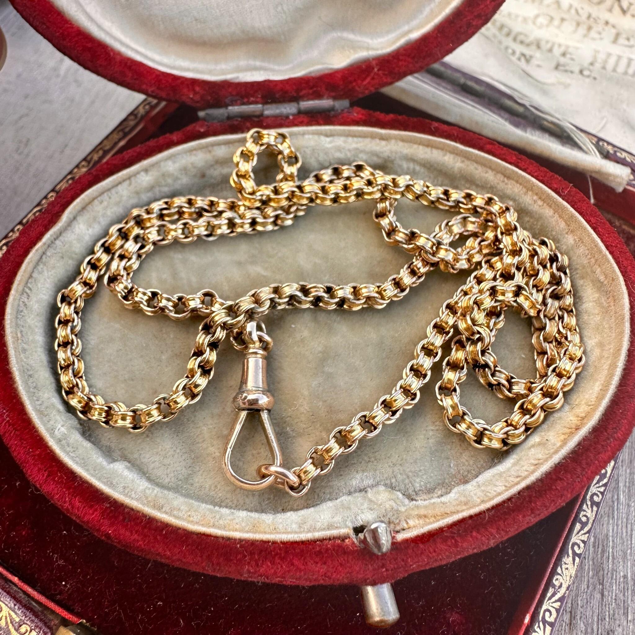 Gold Double Belcher Link Chain& Dog Clip Clasp, displayed in antique box