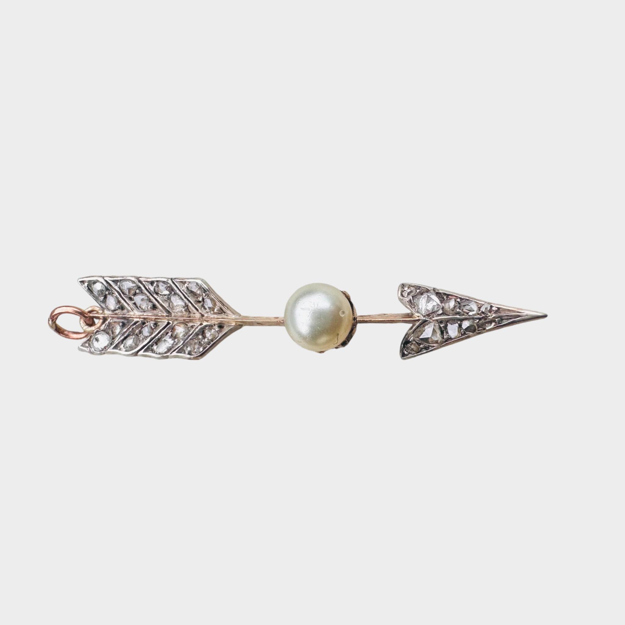 horizontal Victorian Rose Cut Diamond & Pearl Cupid’s Arrow Pendant, grey background