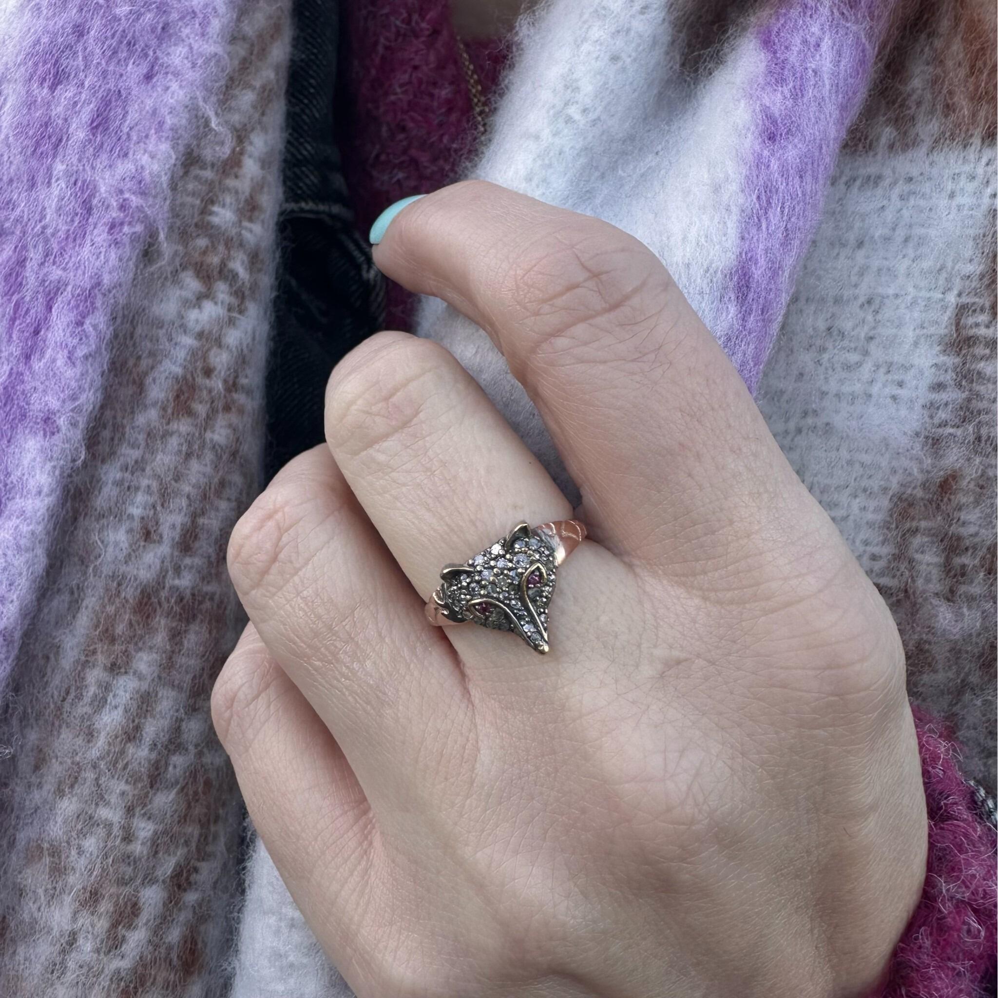 Rose Gold, Silver & Diamond & Ruby Eyed Fox Ring worn on models hand