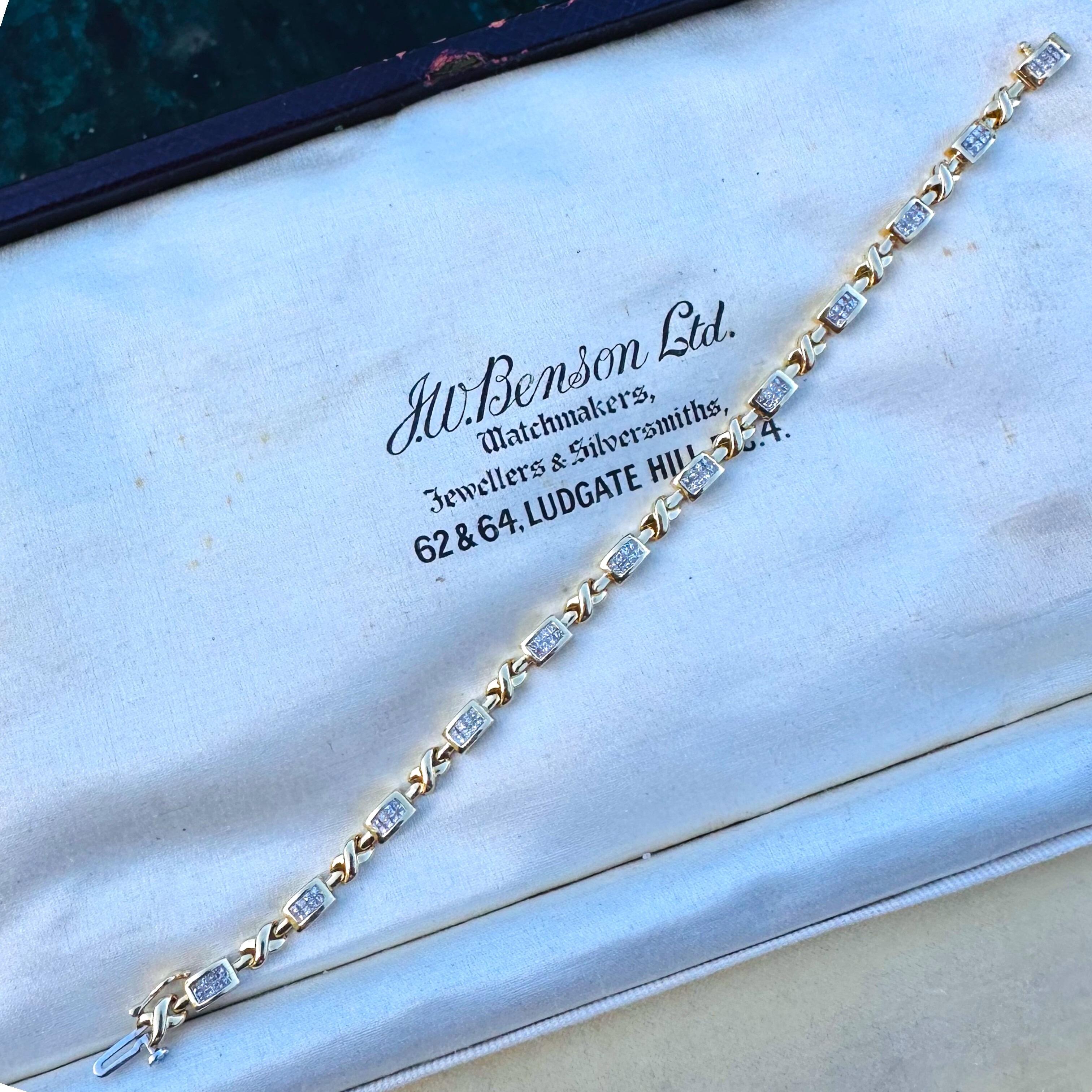 14k Gold Princess Cut Diamond Tennis Bracelet displayed on antique box