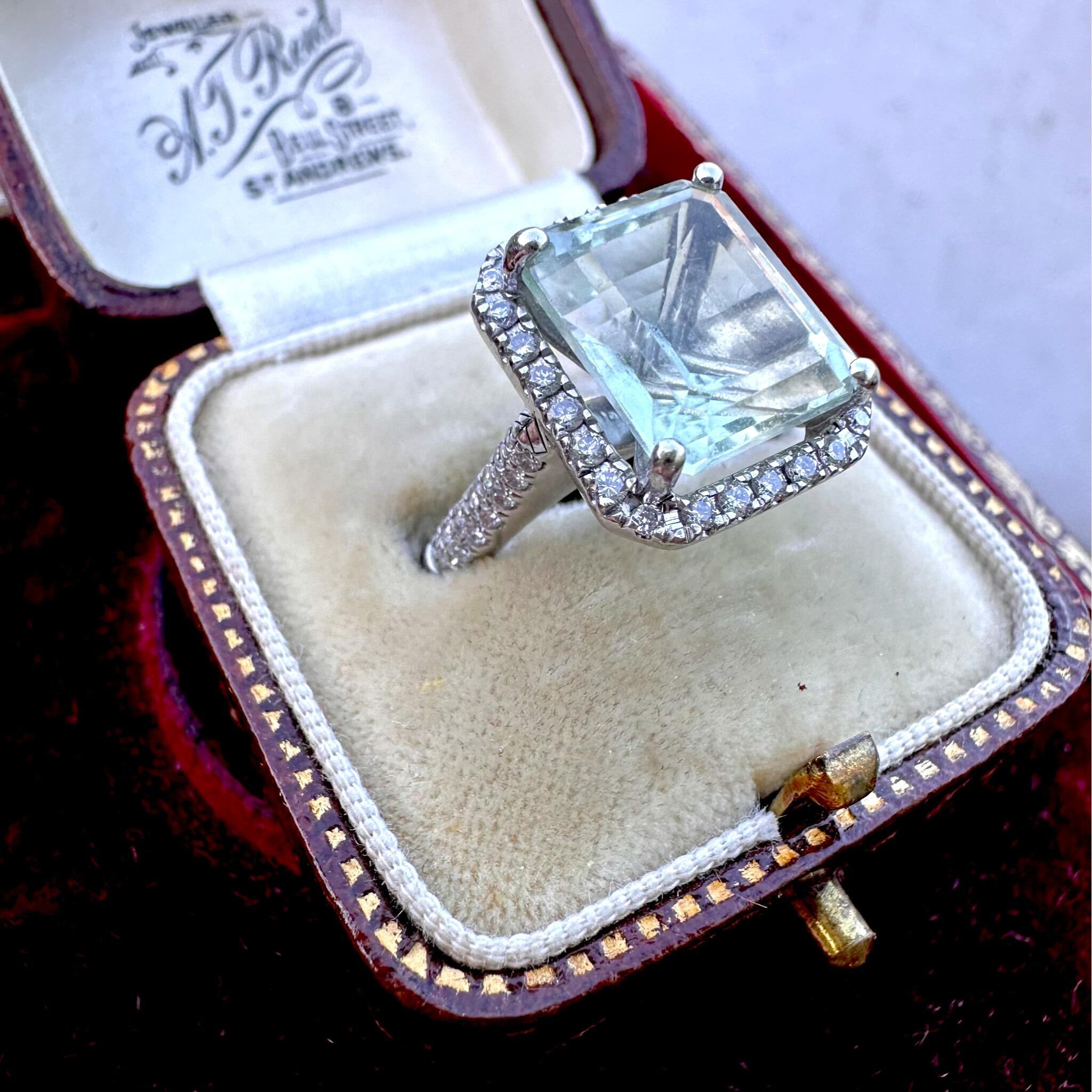 side view of Diamond Halo & Prasiolite Cluster Ring in 14k White Gold displayed in antique box