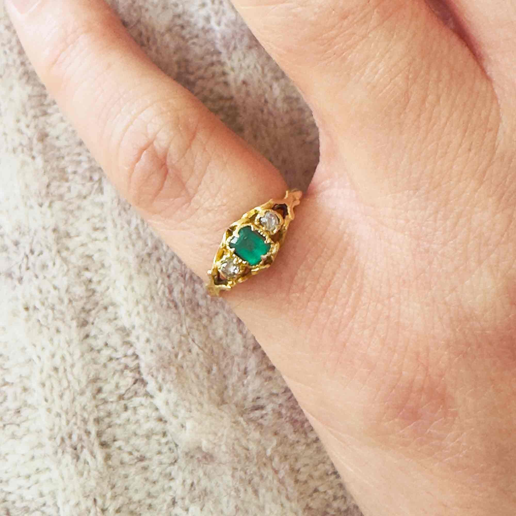 Emerald & Diamond Three Stone Victorian Ring displayed on models finger