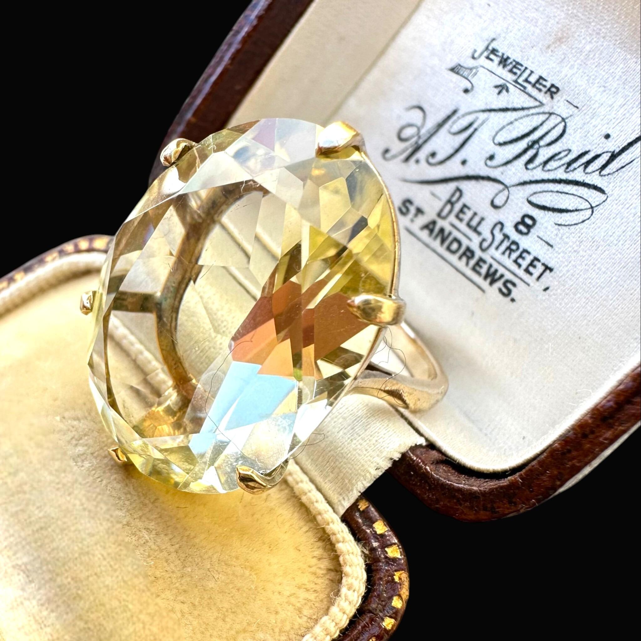 Vintage 9K Gold Oval Citrine Statement Ring, London 1985 Hallmarked Cocktail Ring displayed in antique box