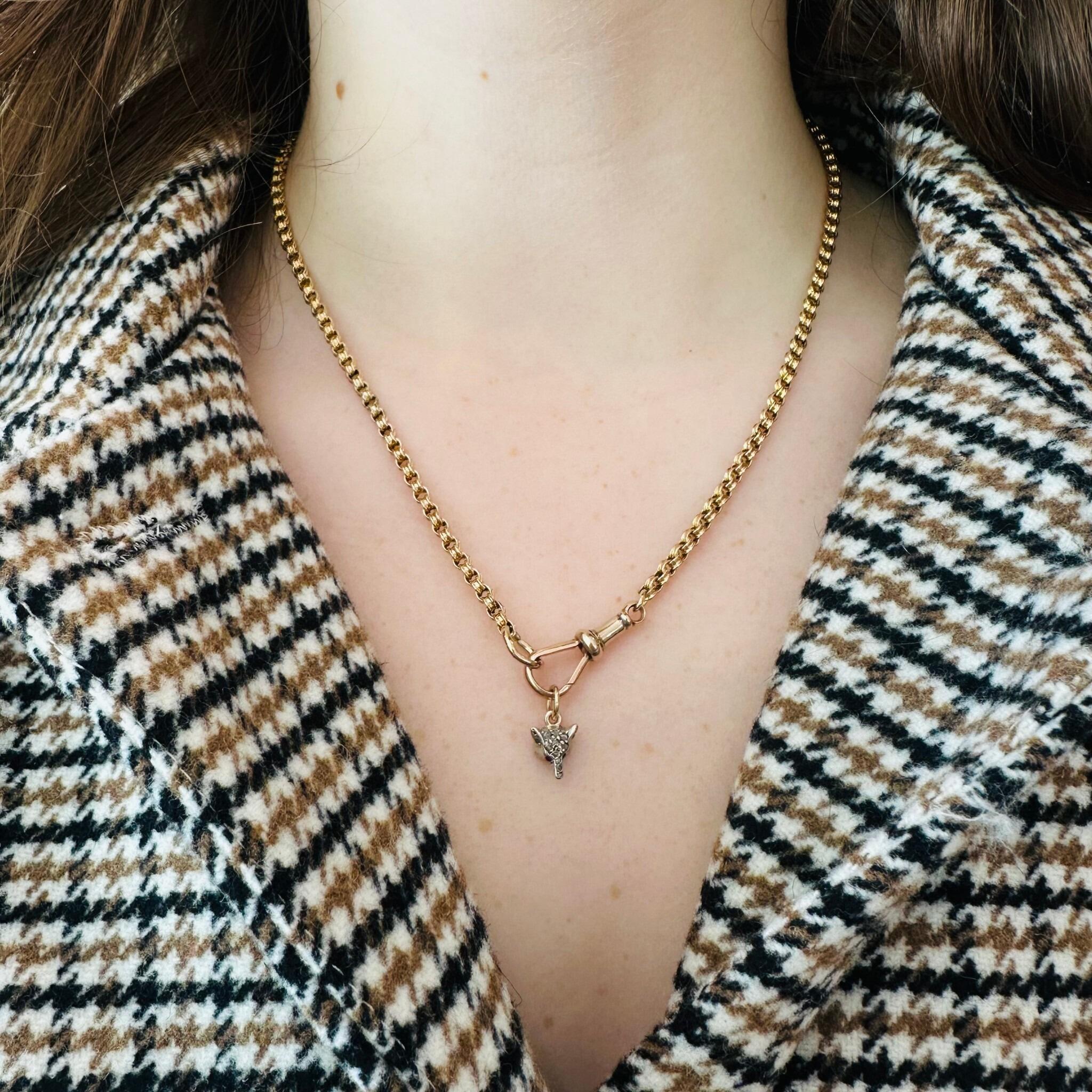 Victorian Diamond & Ruby Eyes Fox Pendant worn on models neck