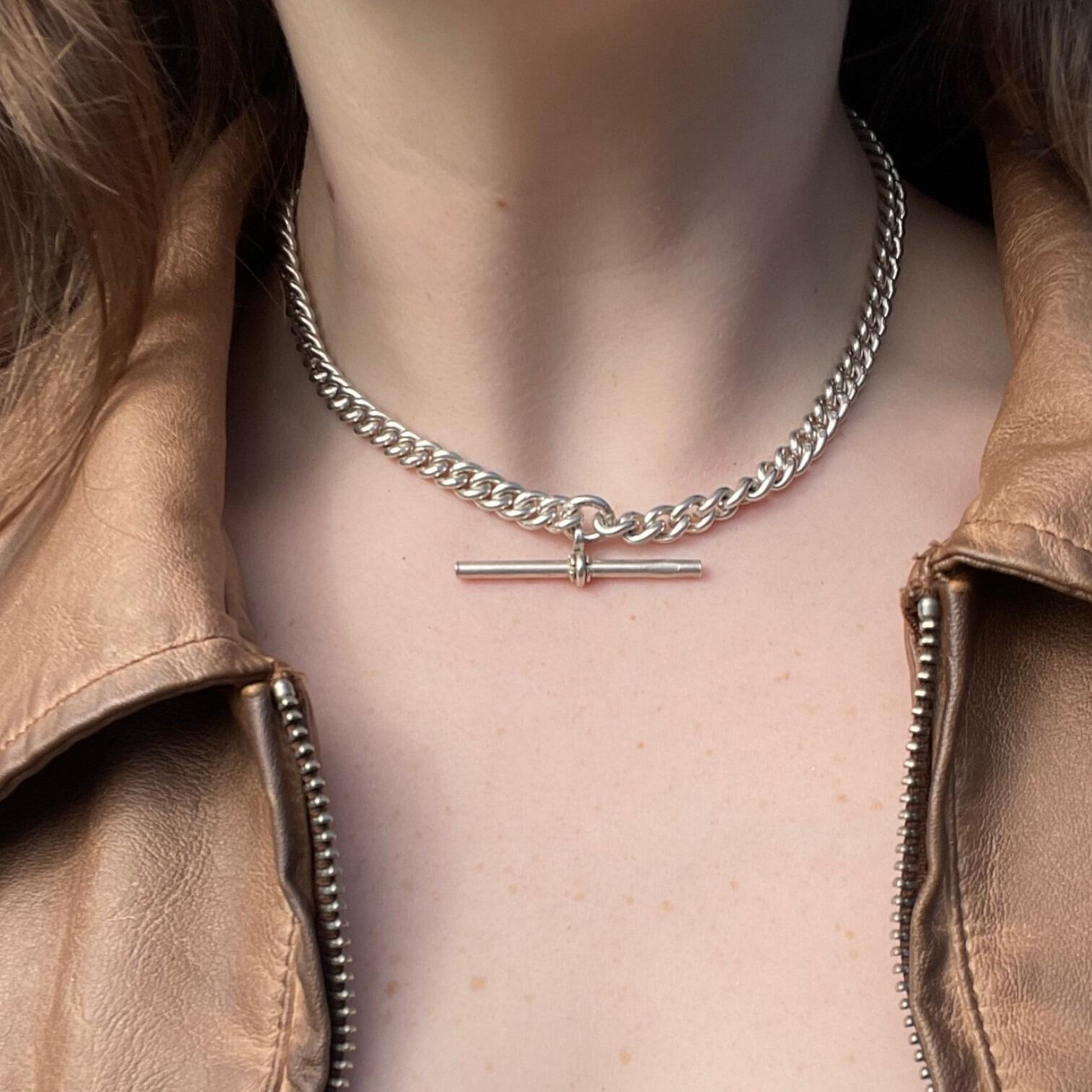 Antique Chunky Silver Albert Chain Necklace, T-Bar & Dog Clip worn on models neck displaying T- Bar