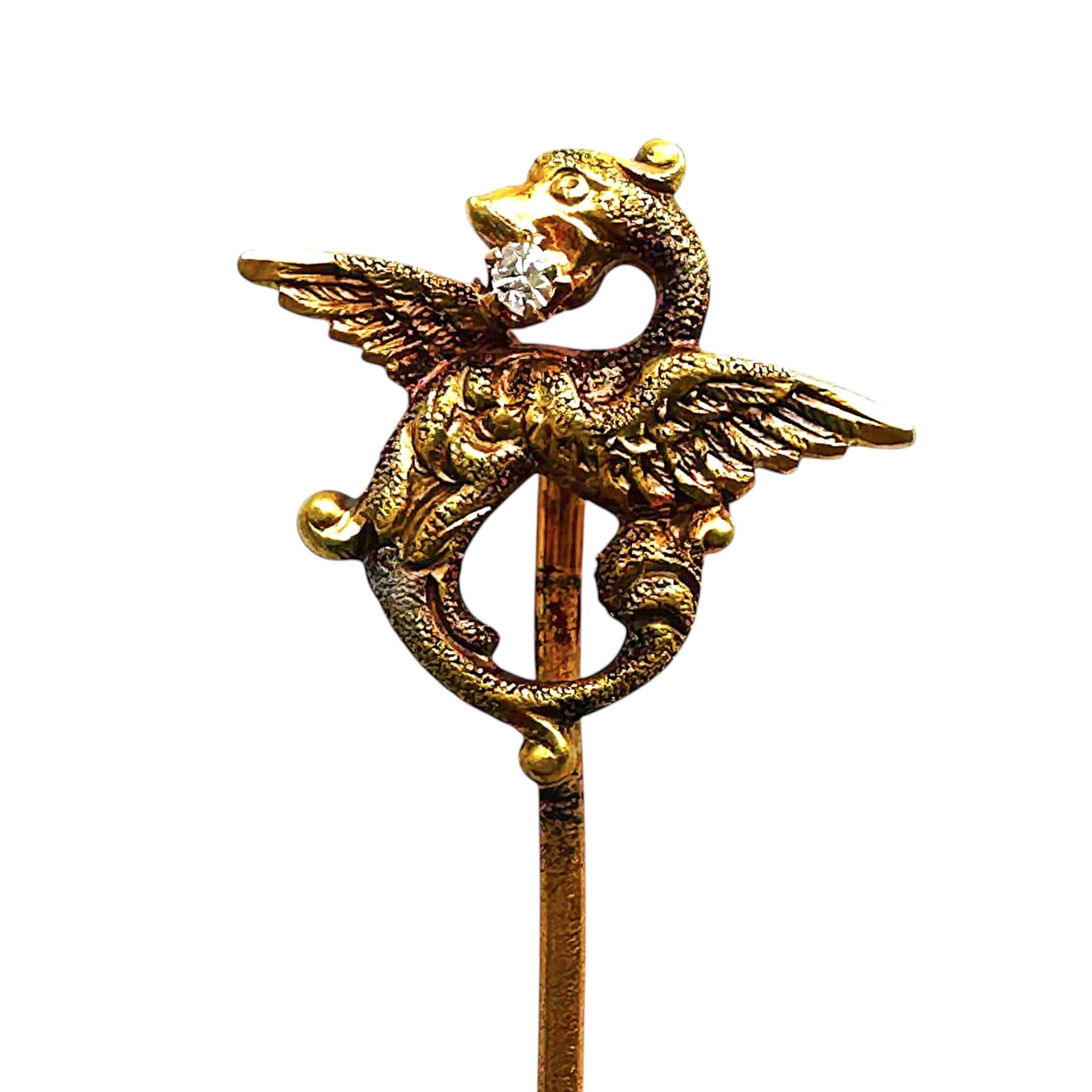 Edwardian 14ct yellow gold griffin stick pin with old mine-cut diamond accent