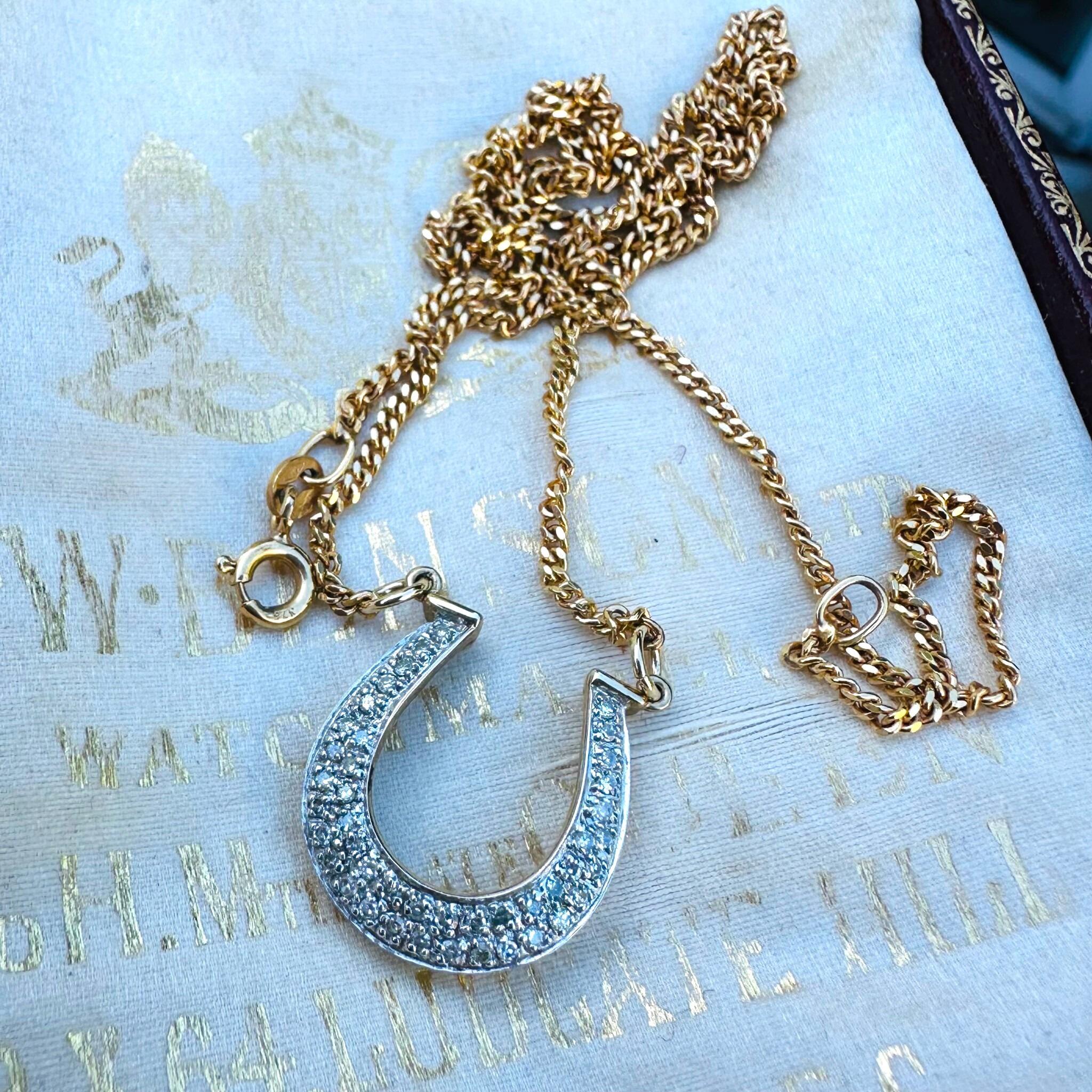 rear view of Vintage Diamond Horseshoe Necklace displayed on antique box