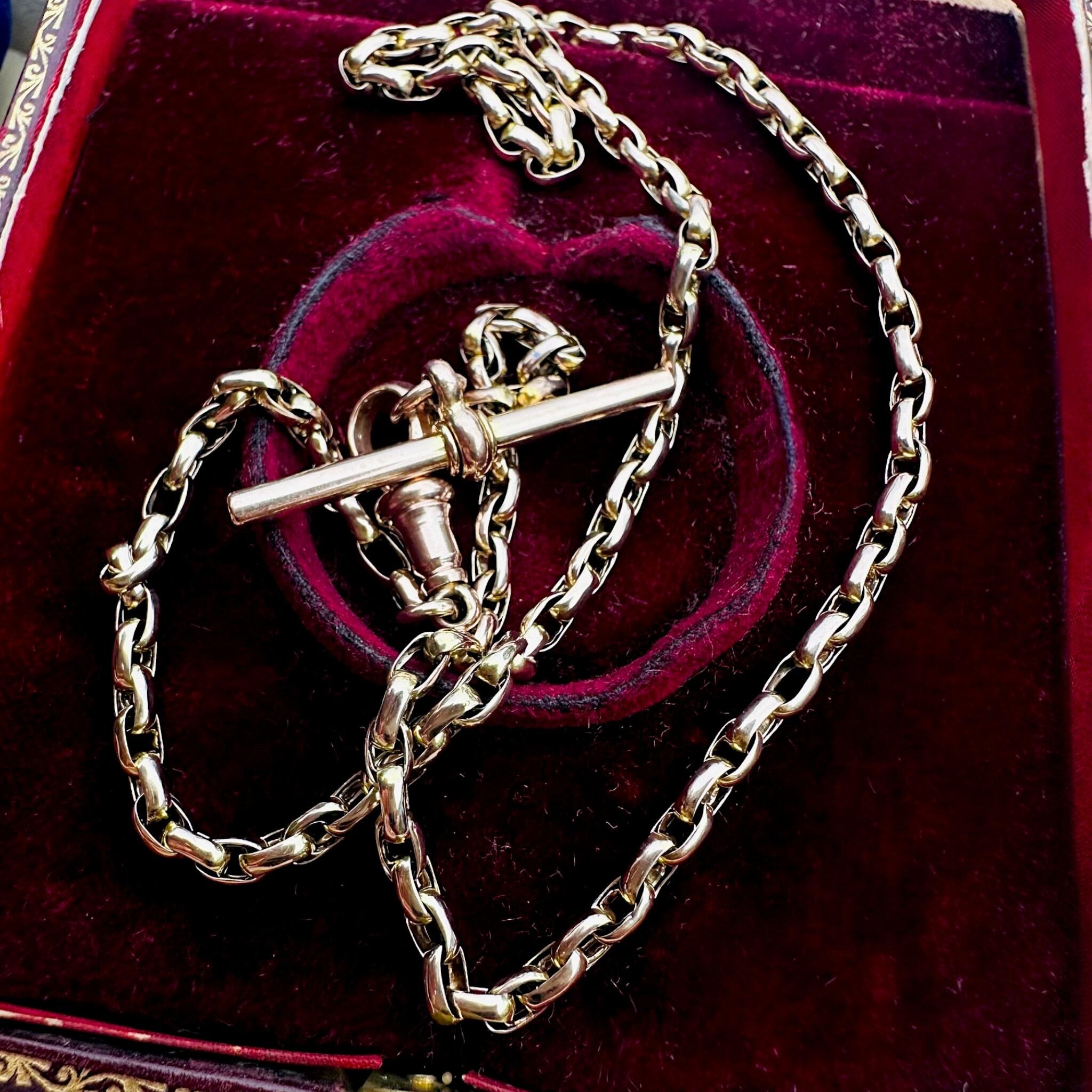 Antique Victorian 9k Gold Bike Link Chain & Dog Clip Clasp displayed on red velvet antique box