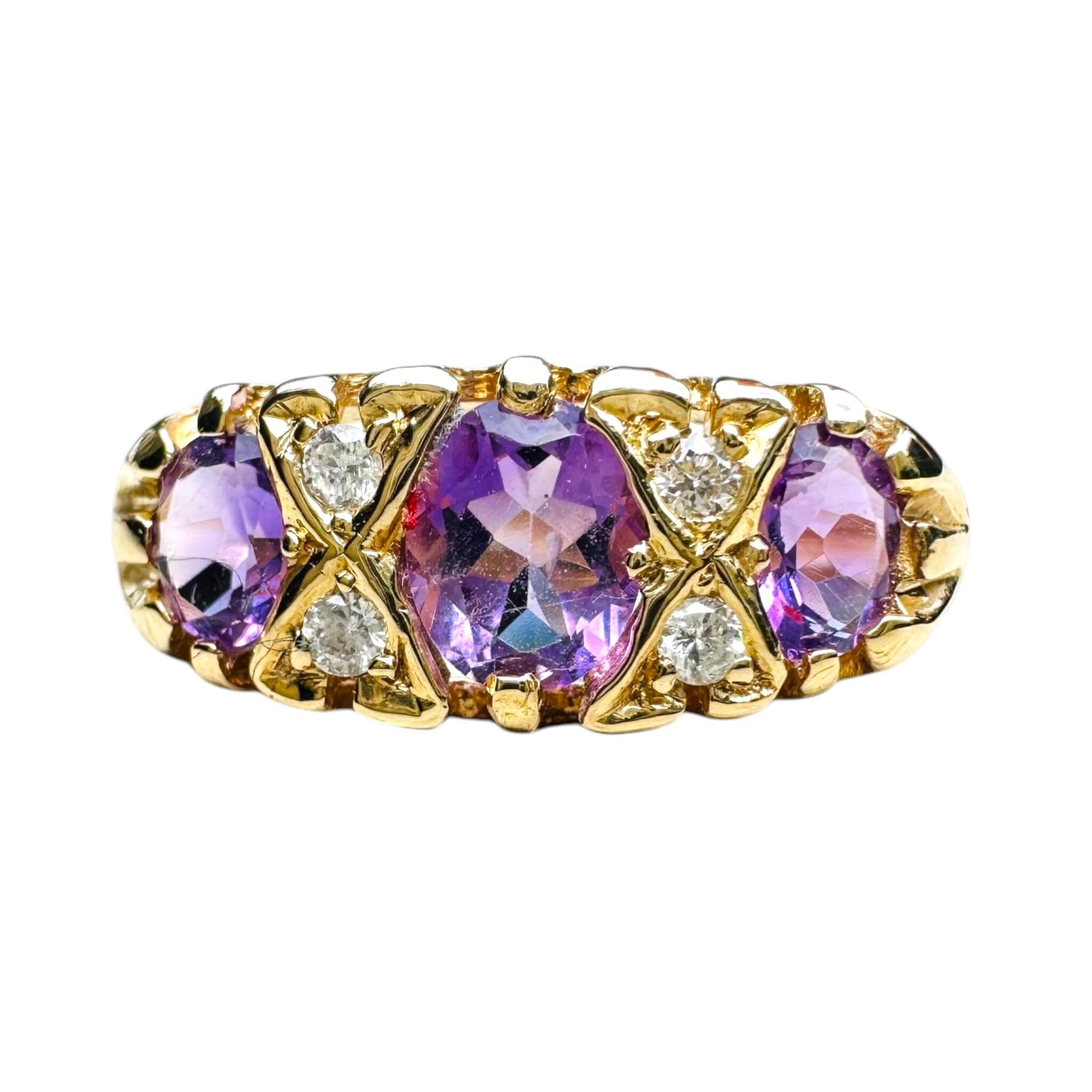 close up of Antique Victorian Gold "Rose de France" Amethyst & Diamond Ring with white background