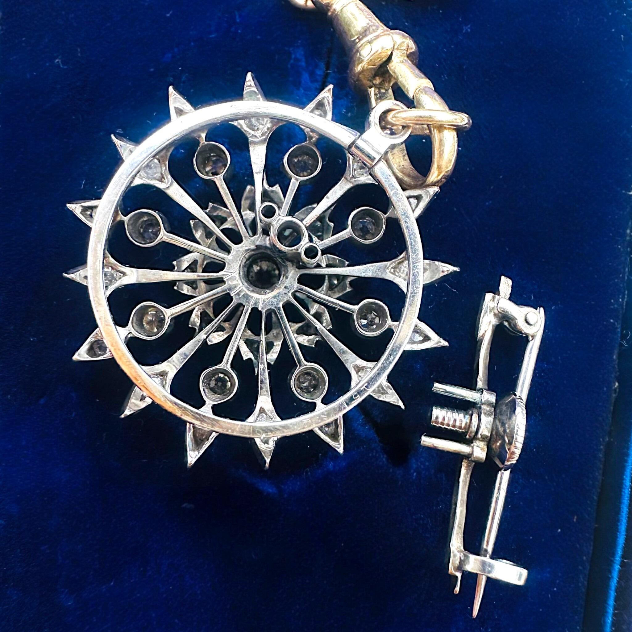 rear view of Antique Victorian Diamond Flower Pendant Brooch, displayed on blue velvet box
