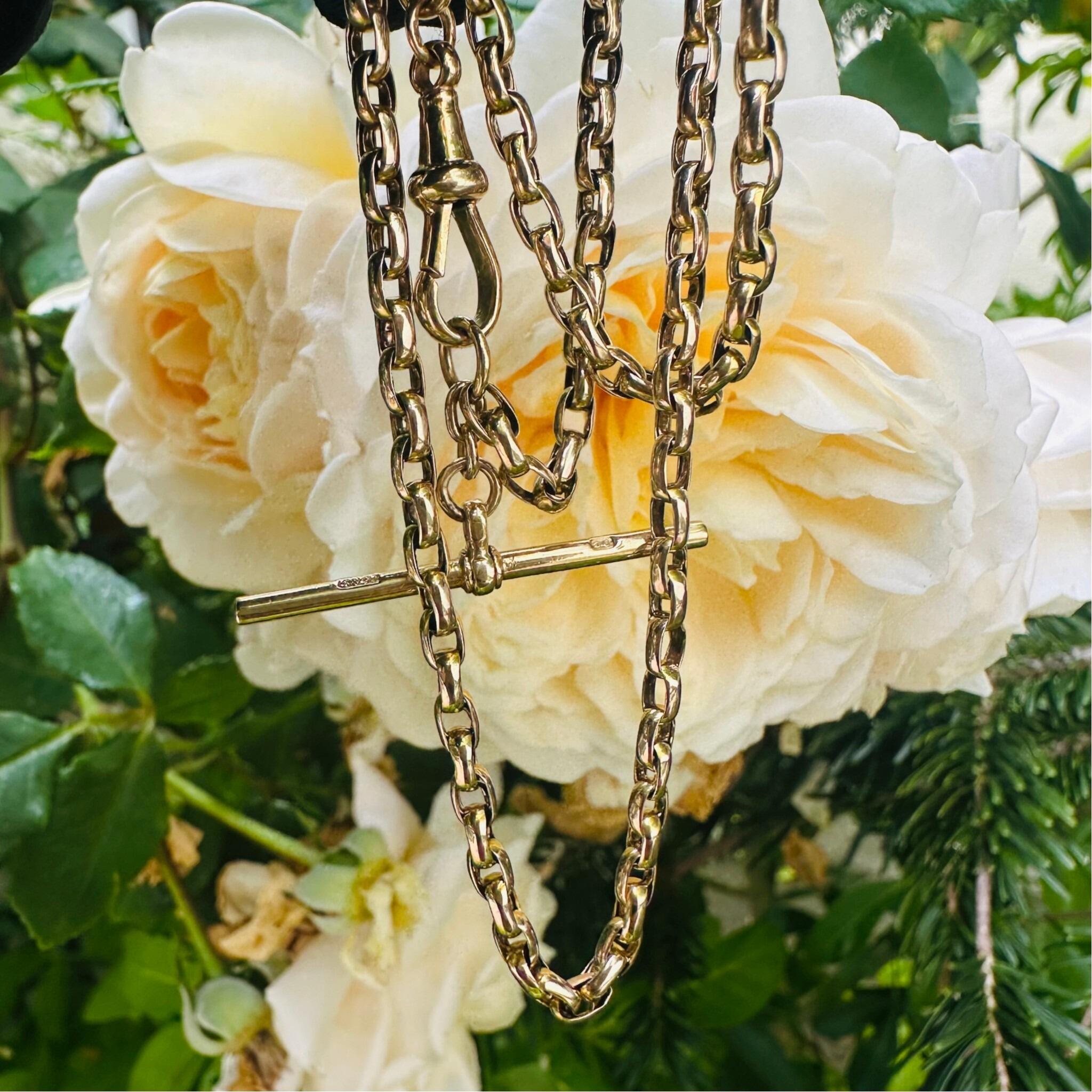 Antique Victorian Gold Bike Link Chain, Dog Clip & T-bar Clasp held in garden