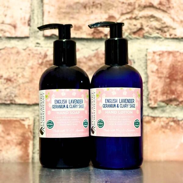 English Lavender, Geranium & Clary Sage Lotion and liquid hand soap set