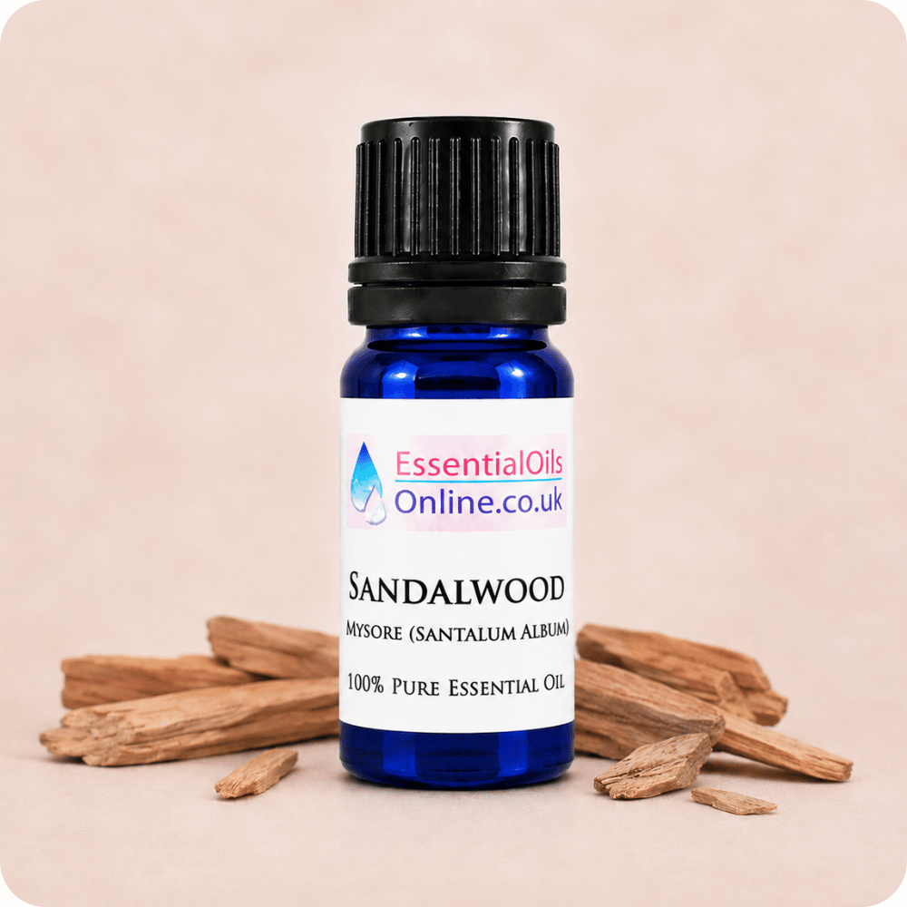 Sandalwood Mysore essential oil with wood chips Sustainably Sourced
