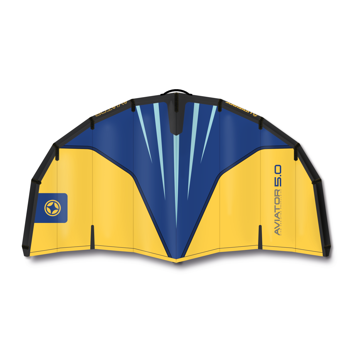 ! alt : Unifiber Aviator Wing in yellow and blue, 5.0 sail size, designed for wing foiling ! title : Unifiber_Aviator_Wing_4boards ! desc : ! caption :