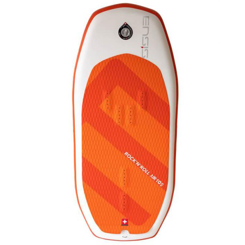! alt : Top view of the Ensis Rock n Roll Air 105 wingfoil board, featuring an orange and white design with the Ensis logo. ! title : Ensis Rock n Roll Air 105 4boards ! desc : ! caption :