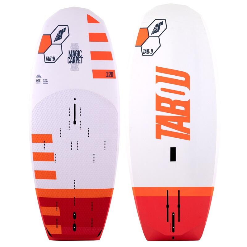 ! alt : Top and bottom views of the Tabou Magic Carpet MTE 2022 wind foil board, featuring a white and orange design with the Tabou logo ! title : Tabou Magic Carpet MTE 2022 ! desc : ! caption :