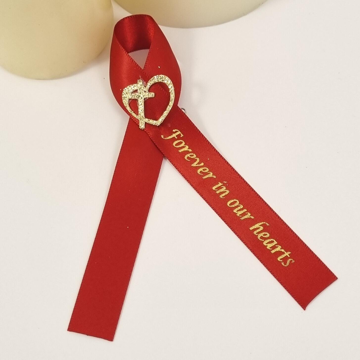 Red Funeral favour ribbon with Gold cross and heart