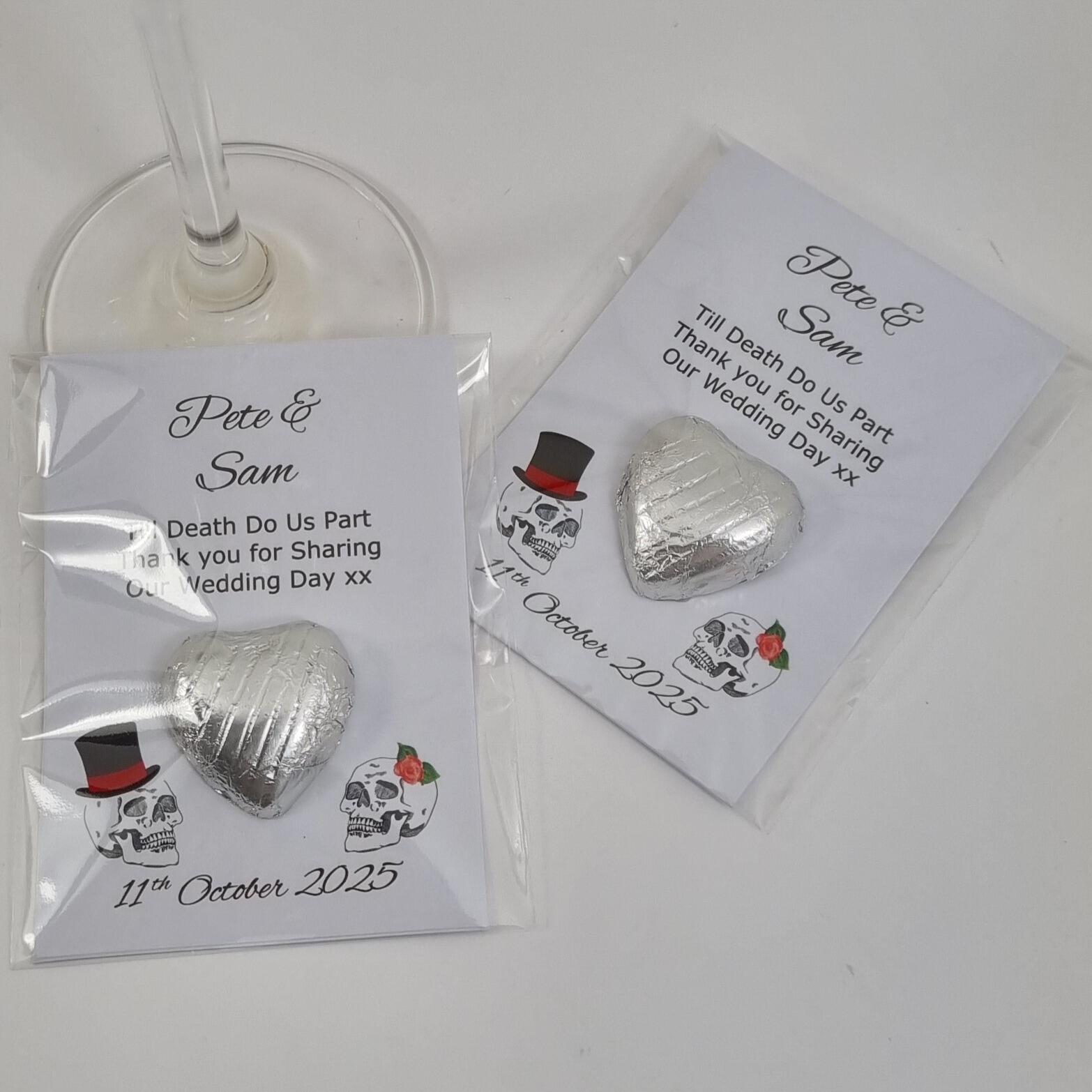 Gothic style wedding favours with chocolate hearts