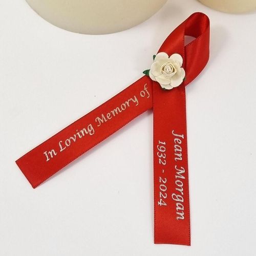 Memorial ribbon with red rose paper flower