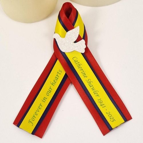 Dominican republic funeral ribbons Red, navy blue, yellow white dove and green print on the yellow ribbon
