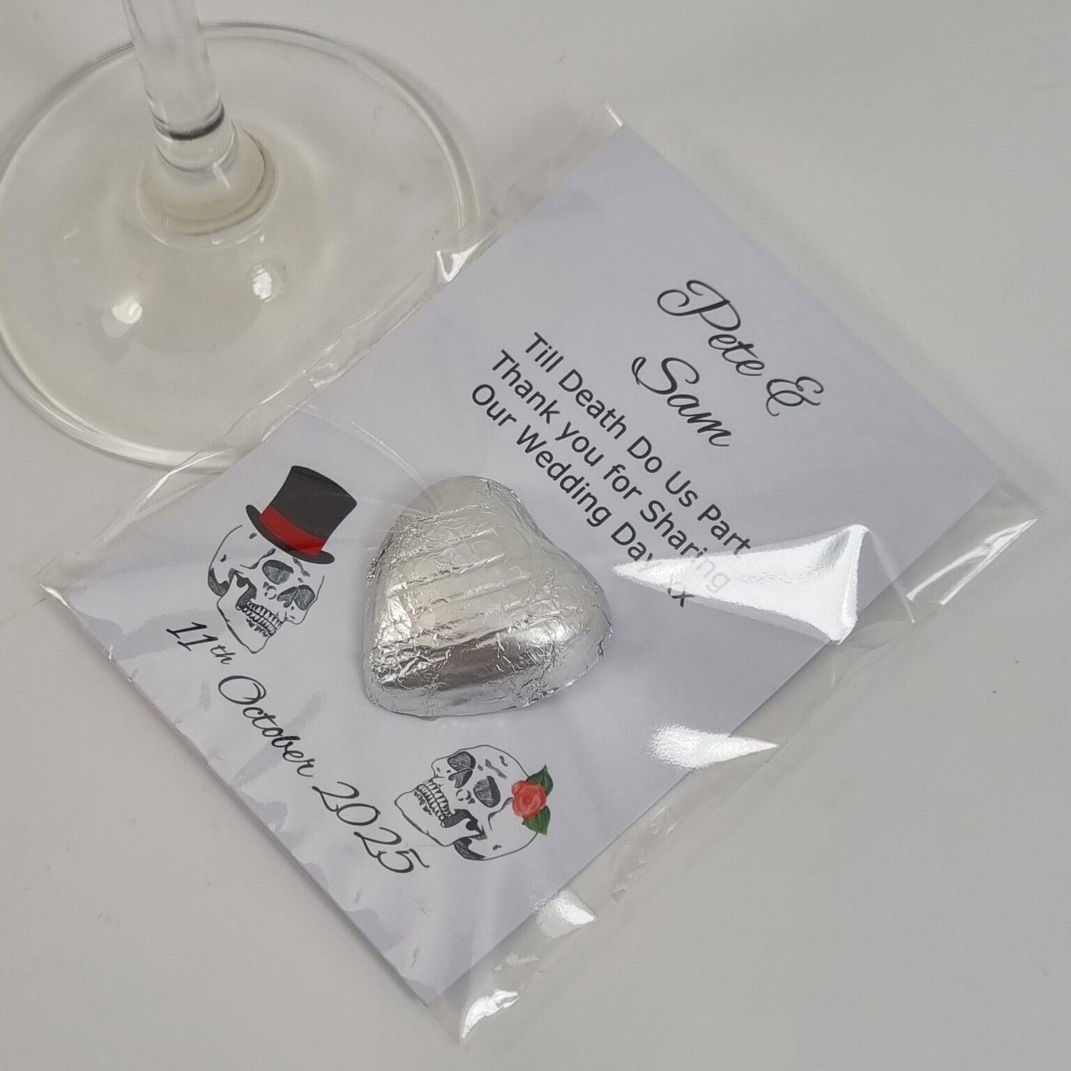 Goth wedding favours with chocolate hearts