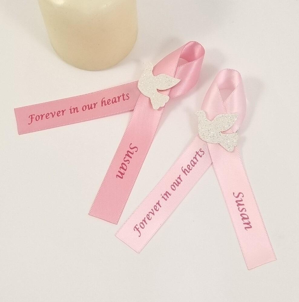 Baby pink funeral ribbon with white dove and pink print. memorial Ribbon in Blossom pale pink and pink print and white dove