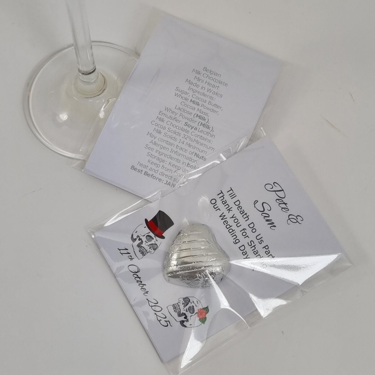 Goth wedding favours with chocolate hearts