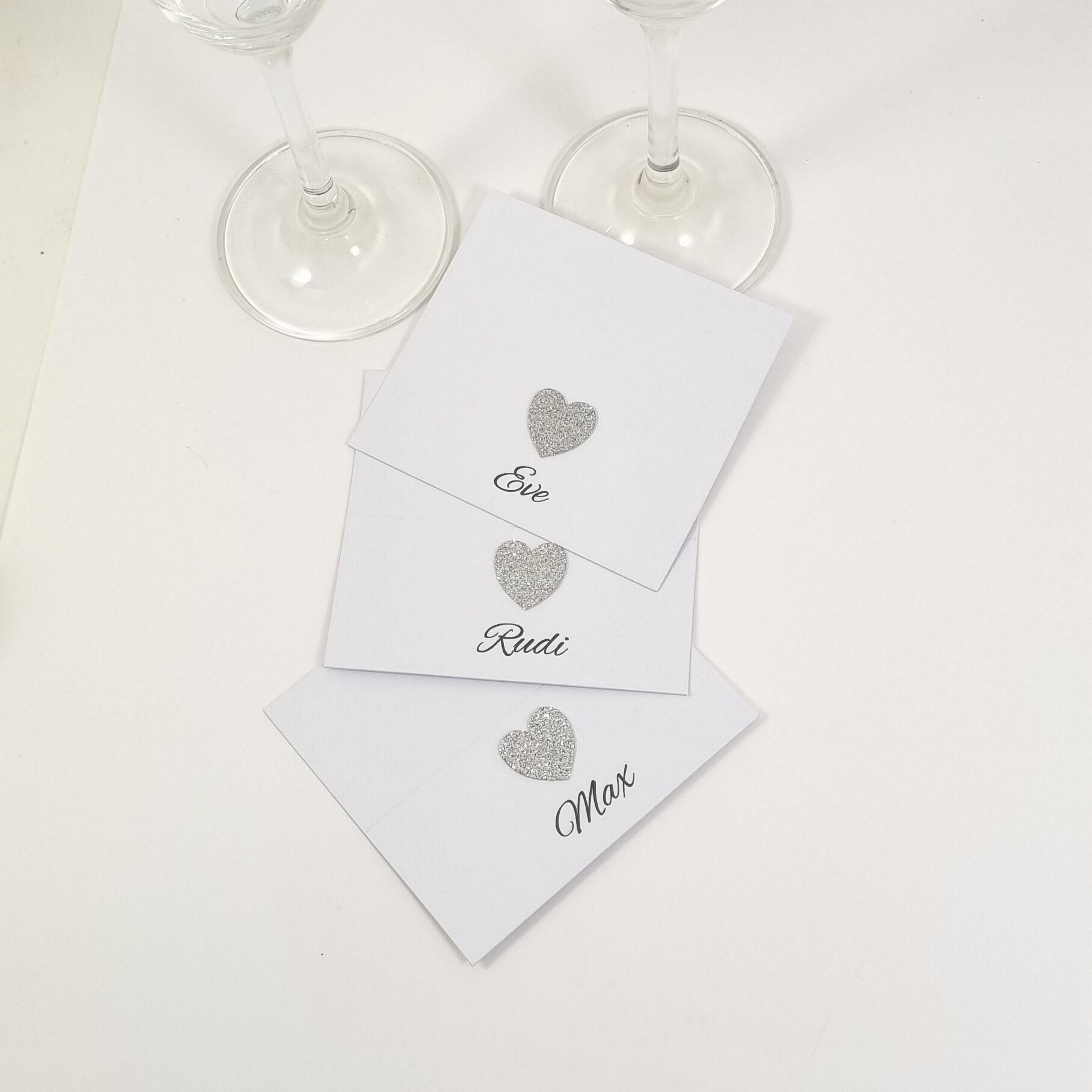 silver heart place cards for silver wedding anniversary