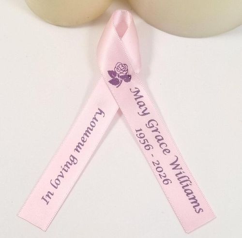 Blossom Pale Pink memorial ribbon with purple rose printed for Funeral