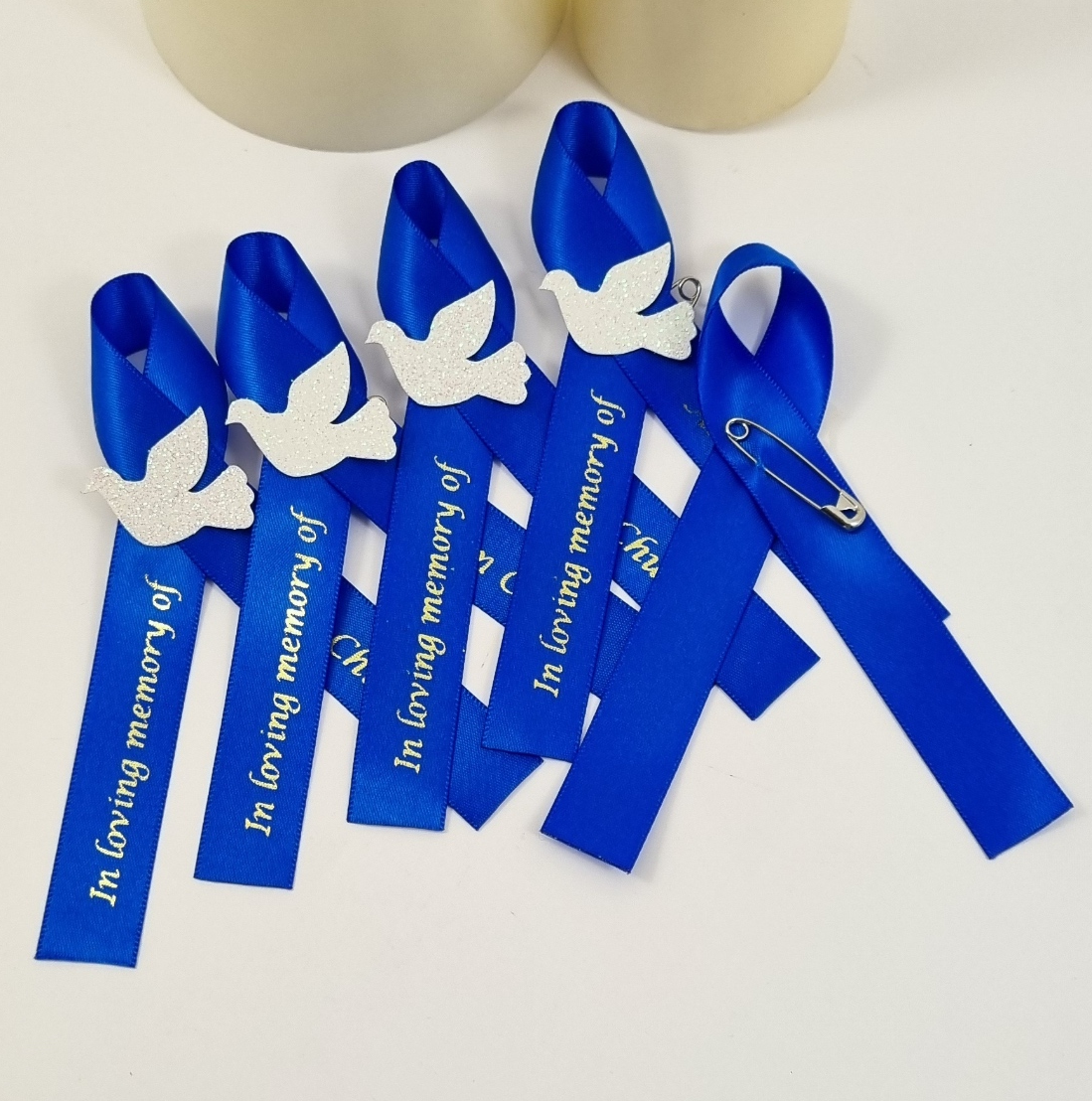 Bereavement Remembrance Blue Satin Ribbon Pins with Dove, Memorial Ribbon Brooches in Forever in Our Hearts for Funeral Mourning Event