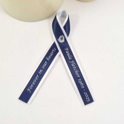 Police funeral favour ribbon. Navy and blue ribbon