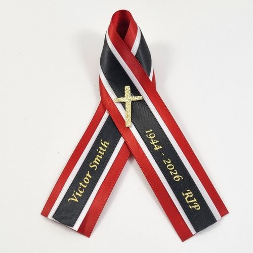 Funeral ribbons for Trinidad and Tobago Colours. Red White Black