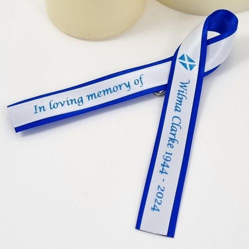 Scottish Funeral Ribbon Favour Blue Print white ribbon with small flag of Scotland