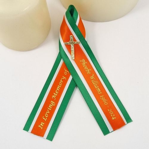 Personalised Three colour funeral ribbons Green, orange and white
