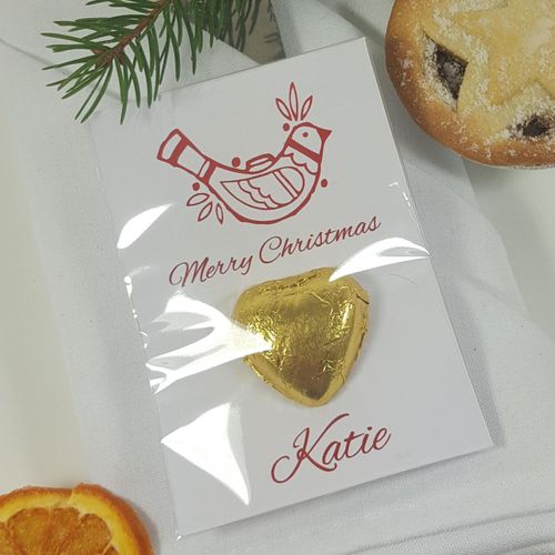 Christmas two Turtle doves place card with chocolate hearts