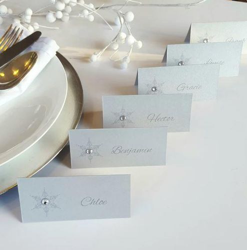 Silver Snowflake printed place card with diamante