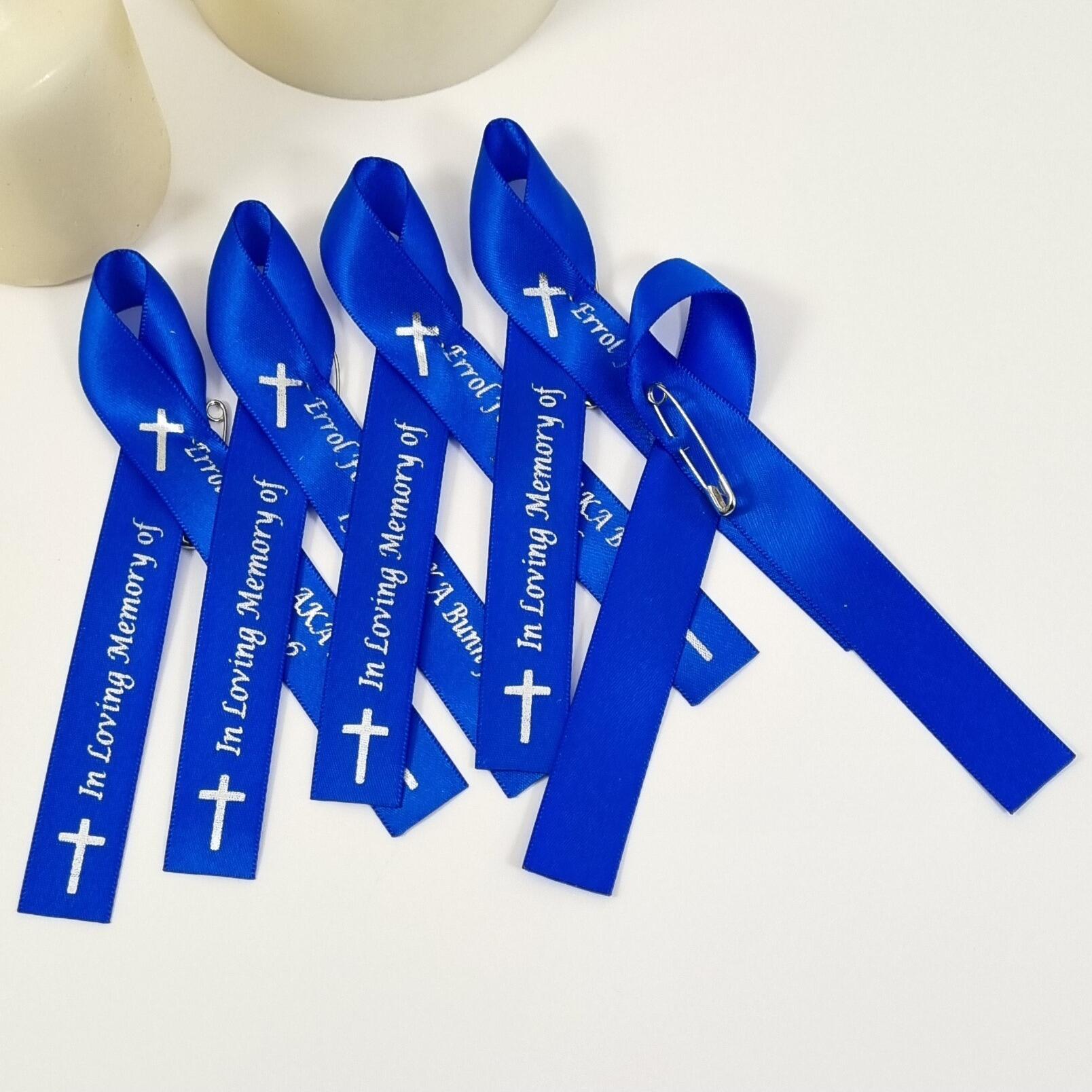royal blue funeral ribbons with silver crosses