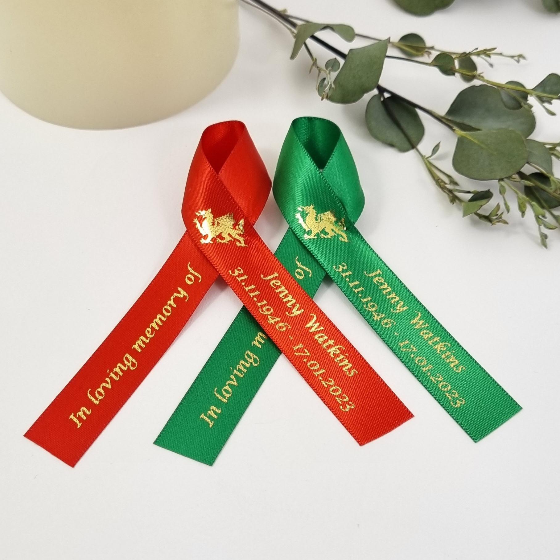 Welsh dragon funeral memorial ribbons. Red and green and gold welsh funeral favours