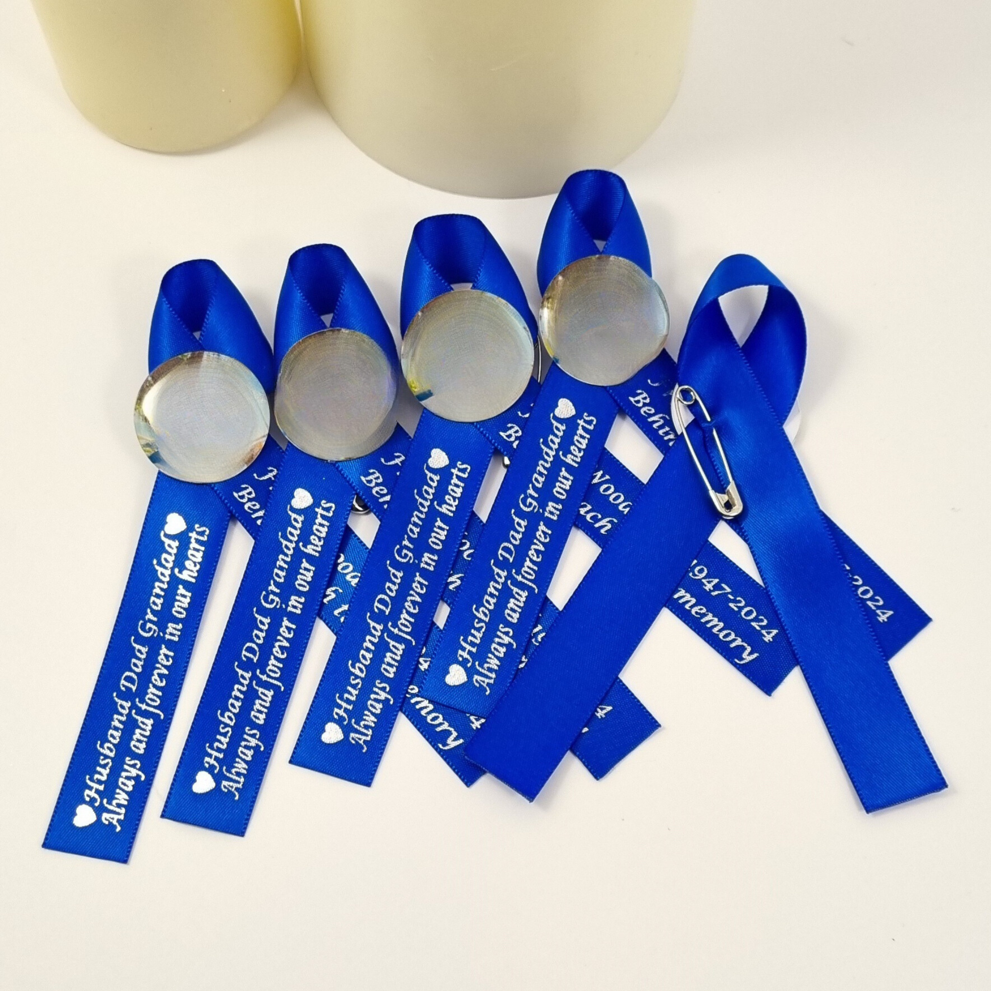 Royal blue photo ribbons to wear at memorials and funerals