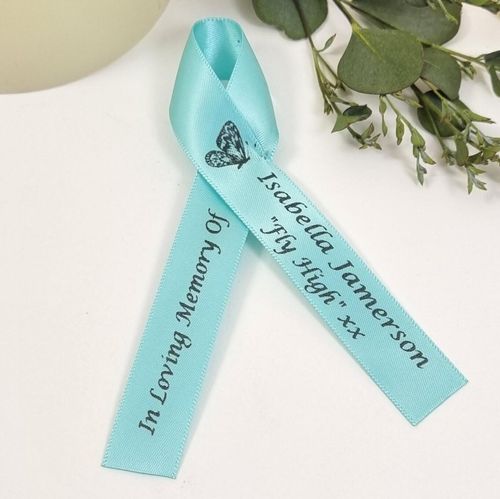 Blue Butterfly Memorial Ribbon, Purple Funeral ribbons, Funeral favours