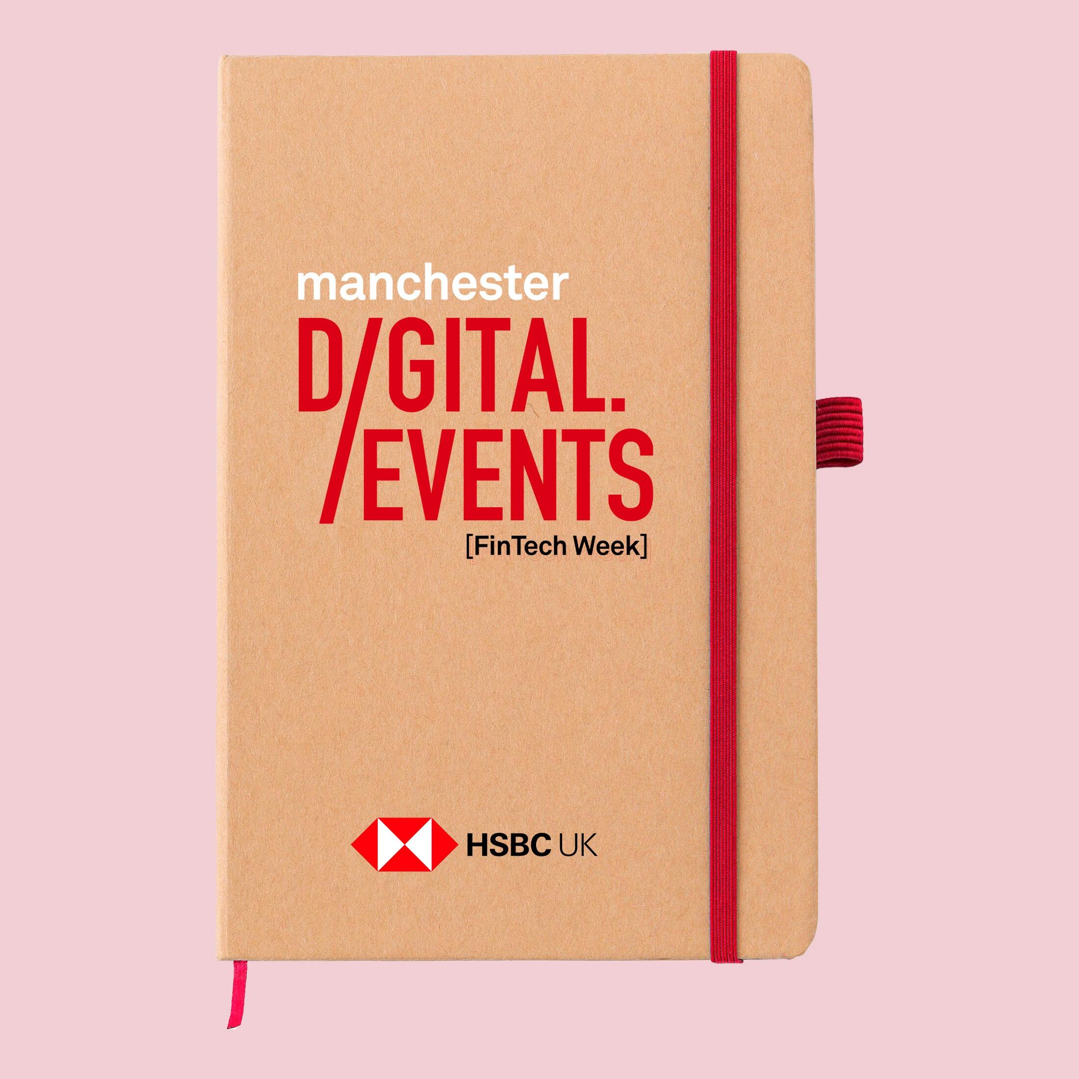 Red trim custom logo printed event a5 notebook with pen loop and elastic closure band