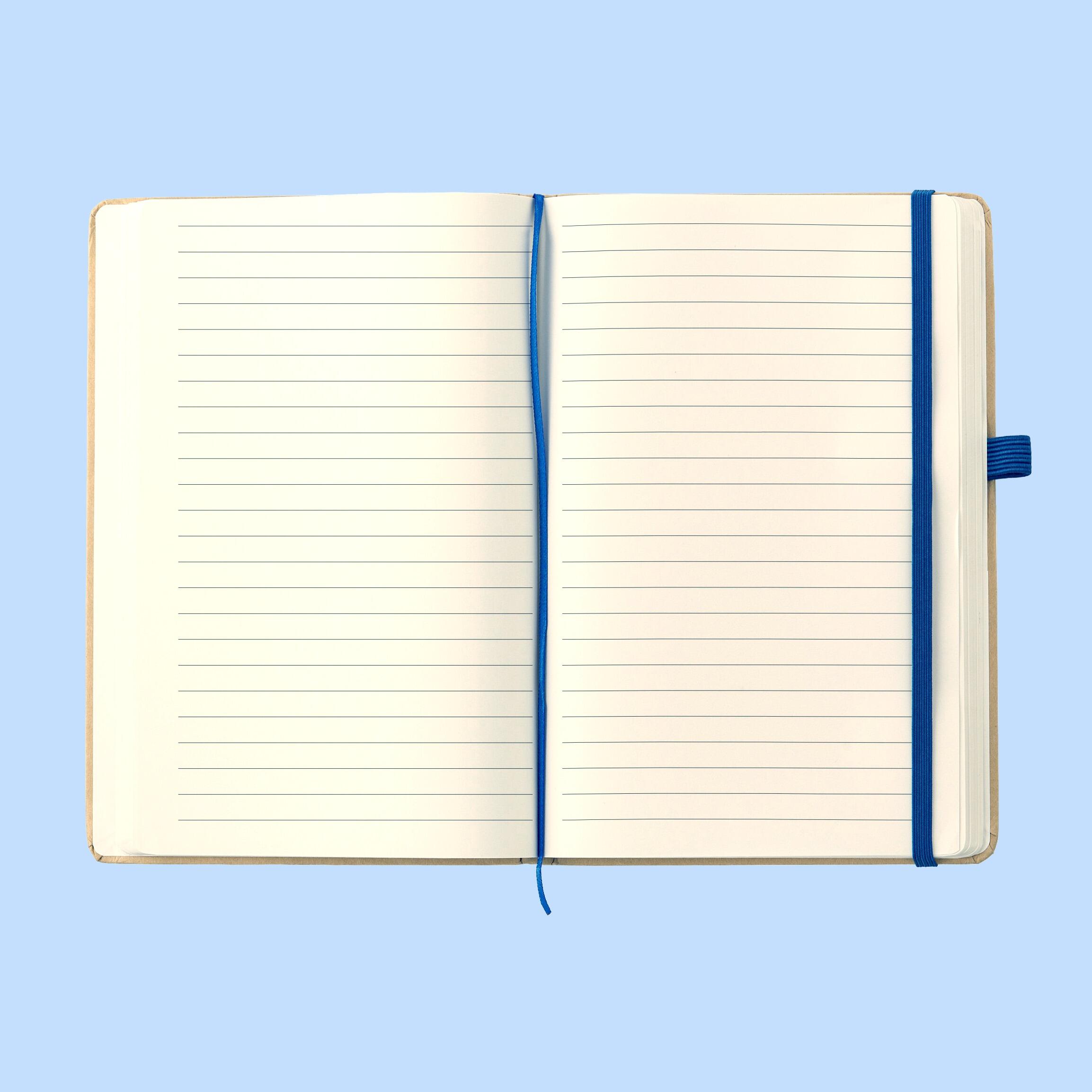 A5 Kraft notebook with lined sheets and bookmark ribbon and pen loop